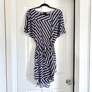 H&M‎ Striped Mini Dress Swim Coverup Navy White Tie Waist Size L